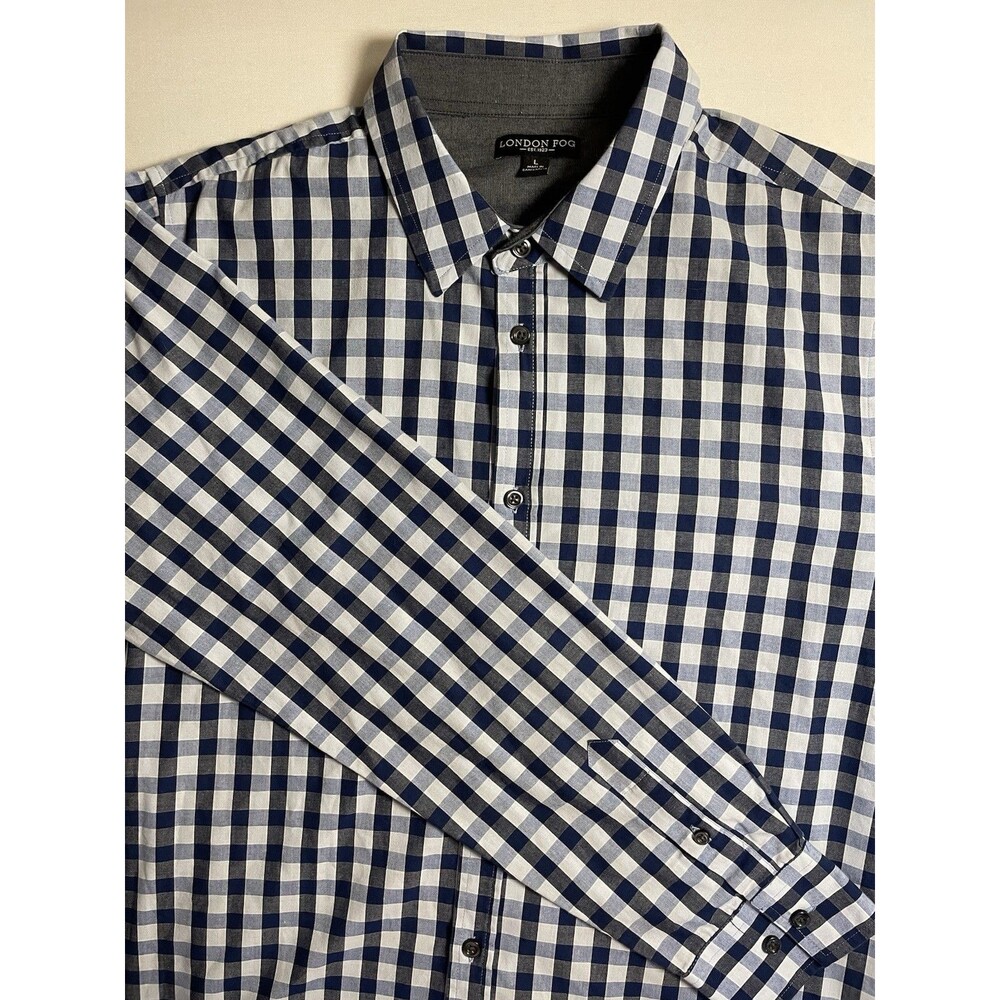 London Fog Shirt Men’s Cotton Long Sleeve Blue Check Button Down Size Large